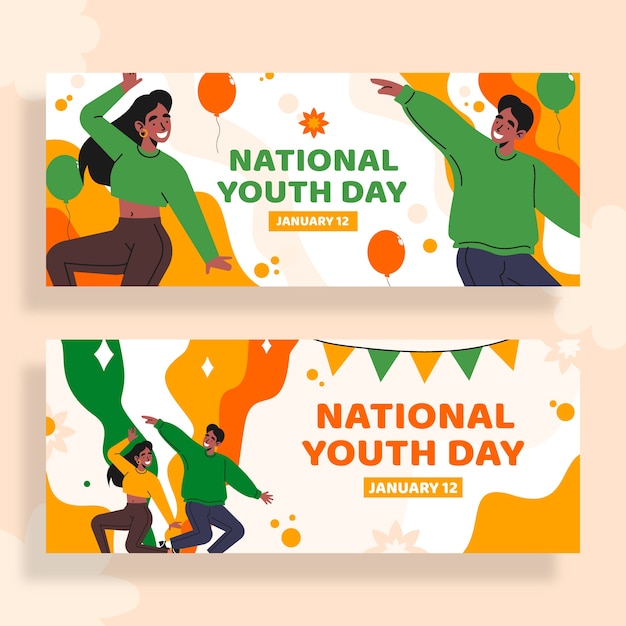 Hand drawn flat national youth day horizontal banners set