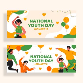Набор рисованной плоский национальный день молодежи горизонтальные баннеры Бесплатные векторы