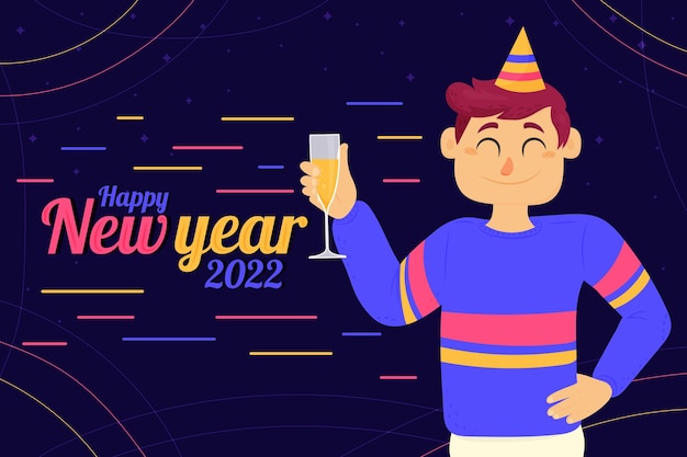 Hand drawn flat new year background with person wearing party hat