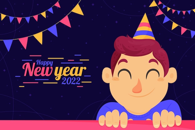 Hand drawn flat new year background with person wearing party hat