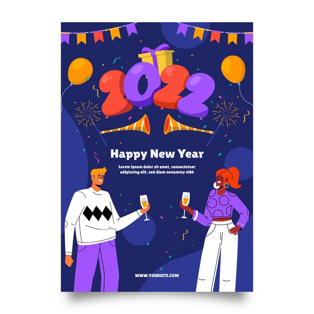 Hand drawn flat new year greeting card template