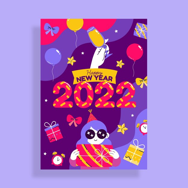 Hand drawn flat new year greeting card template