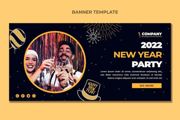 Vettore gratuito banner orizzontale piatto capodanno disegnato a mano