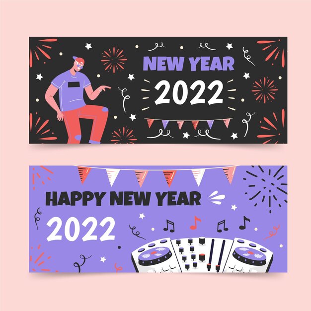 Set di banner orizzontali piatti di Capodanno disegnati a mano