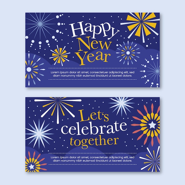 Hand drawn flat new year horizontal banners set