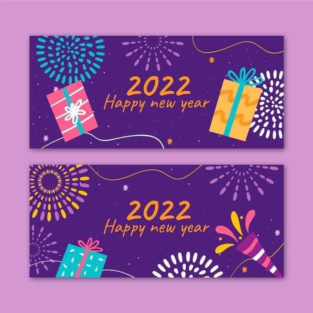 Hand drawn flat new year horizontal banners set