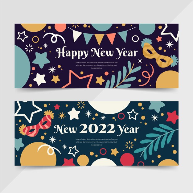 Hand drawn flat new year horizontal banners set