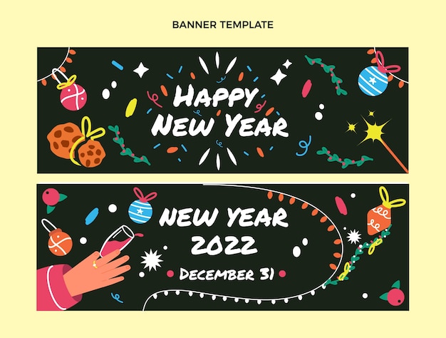 Hand drawn flat new year horizontal banners set