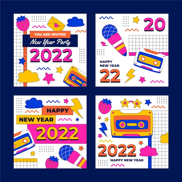 Vettore gratuito collezione di post di instagram piatto di capodanno disegnato a mano