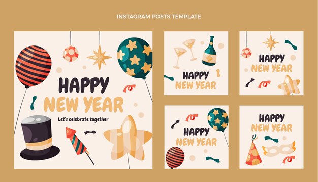 Hand drawn flat new year instagram posts collection