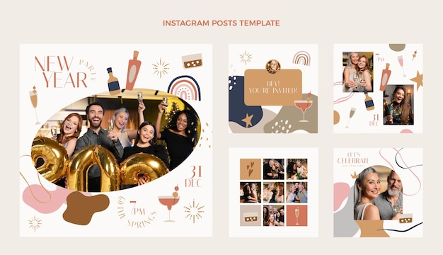 Vettore gratuito collezione di post di instagram piatto di capodanno disegnato a mano