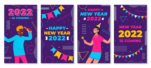 Free vector hand drawn flat new year instagram stories collection