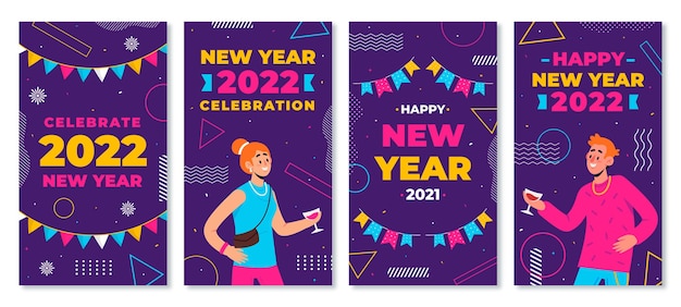 Free vector hand drawn flat new year instagram stories collection