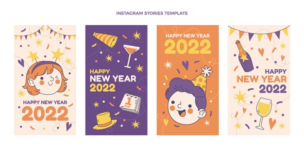 Collezione di storie di instagram di capodanno disegnate a mano