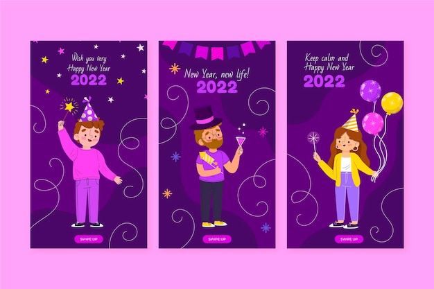 Hand drawn flat new year instagram stories collection