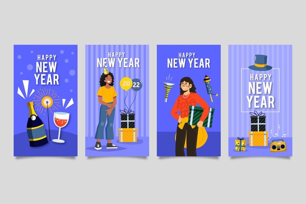 Hand drawn flat new year instagram stories collection