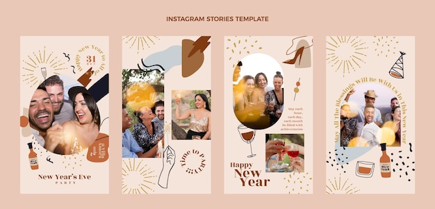 Free vector hand drawn flat new year instagram stories collection