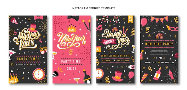 Free vector hand drawn flat new year instagram stories collection