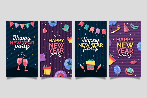 Free vector hand drawn flat new year instagram stories collection