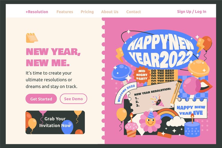 무료 Vector 손으로 그린 평면 새해 방문 페이지 템플릿
