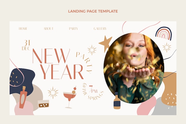 Бесплатное векторное изображение Ручной обращается плоский новогодний шаблон целевой страницы