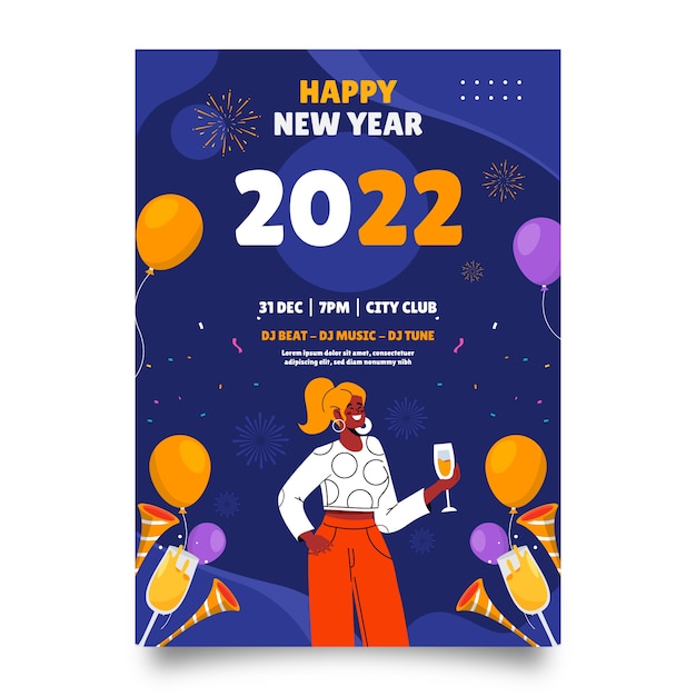 Hand drawn flat new year party flyer template