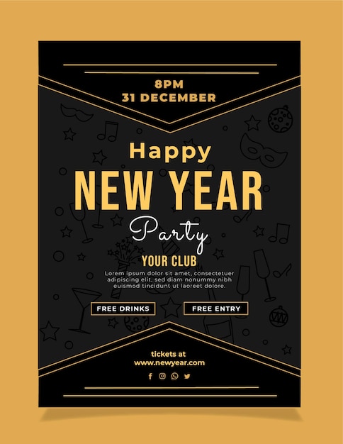 Hand drawn flat new year party flyer template