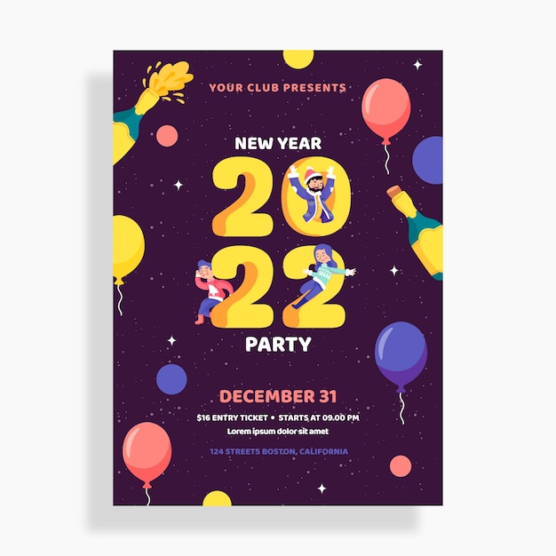 Free vector hand drawn flat new year party flyer template