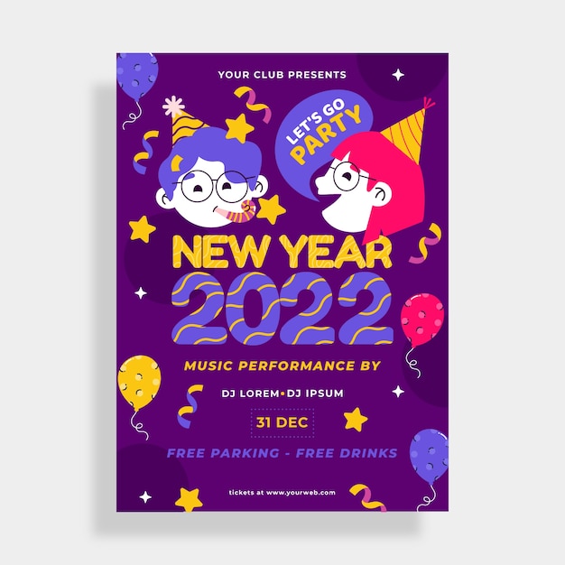 Hand drawn flat new year party flyer template