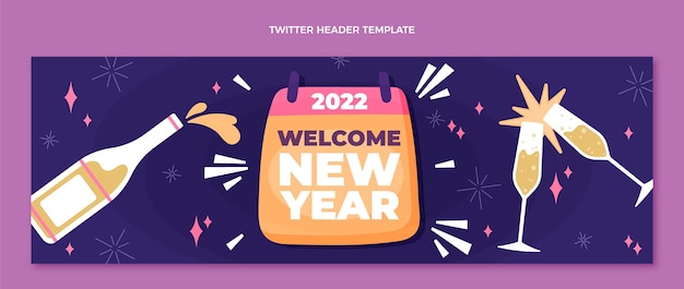 Vettore gratuito modello di copertina twitter piatto di capodanno disegnato a mano