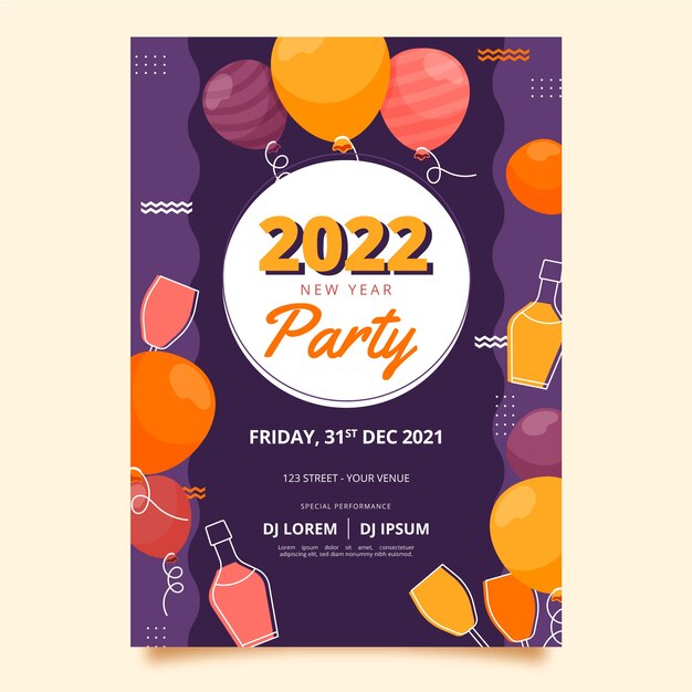Hand drawn flat new year vertical party flyer template