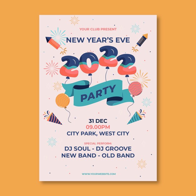 Hand drawn flat new year vertical party flyer template