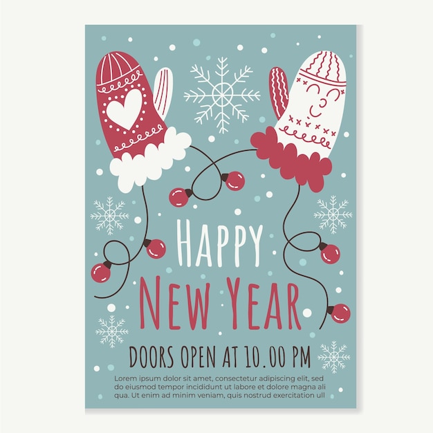 Hand drawn flat new year vertical poster template with mittens
