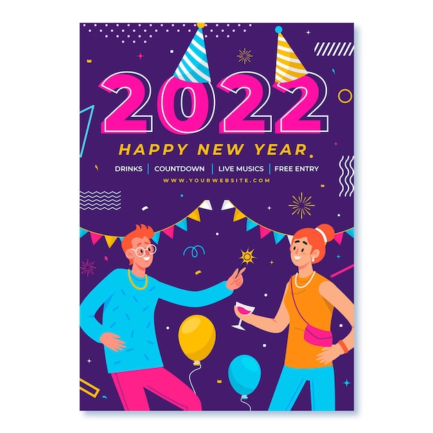 Hand drawn flat new year vertical poster template with people at party