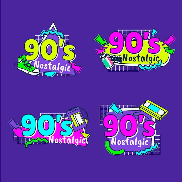 Vettore gratuito collezione di distintivi nostalgici degli anni '90 disegnati a mano