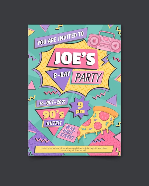 Hand drawn flat nostalgic 90's birthday invitation template