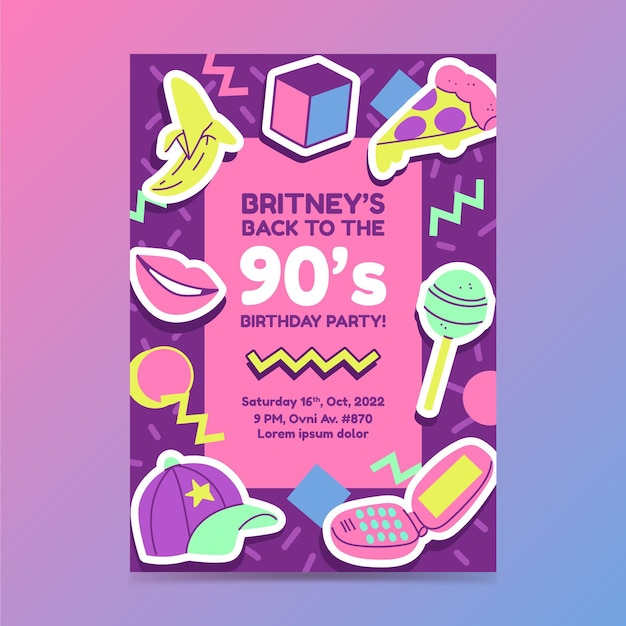 Hand drawn flat nostalgic 90's birthday invitation template