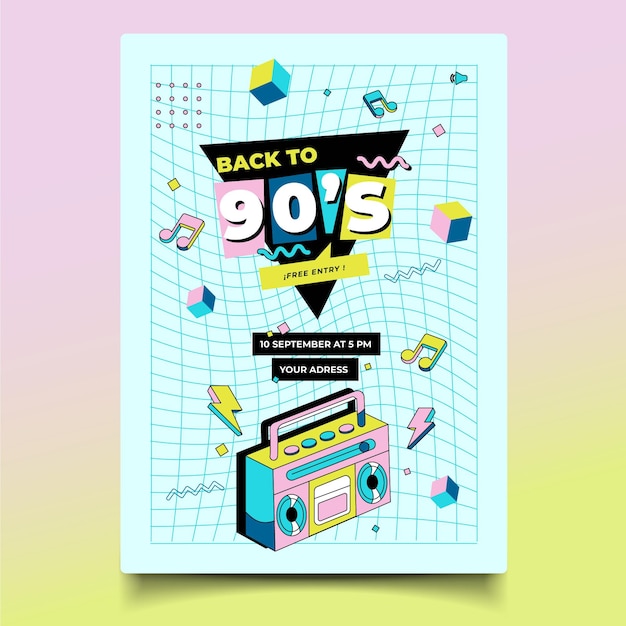 Hand drawn flat nostalgic 90's birthday invitation template