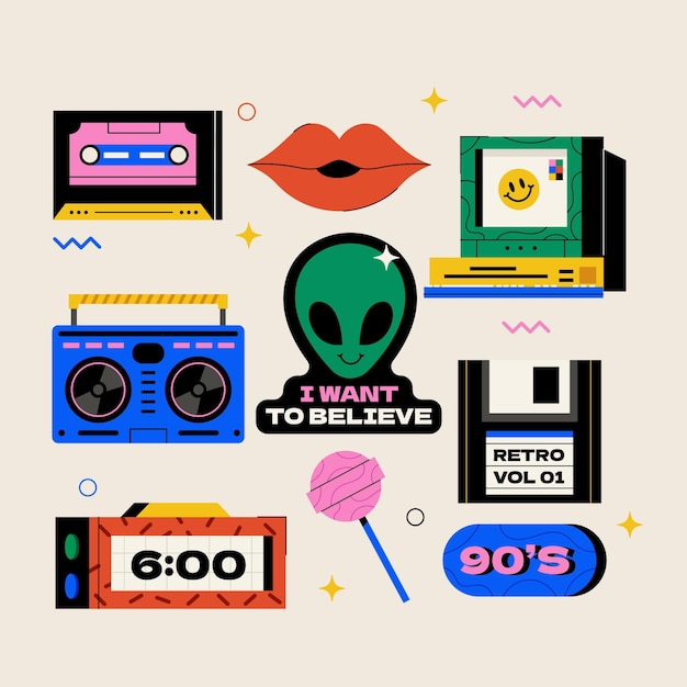 Free vector hand drawn flat nostalgic 90's element collection