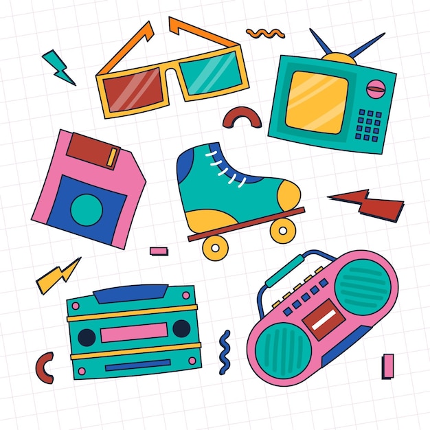 Free vector hand drawn flat nostalgic 90's elements collection