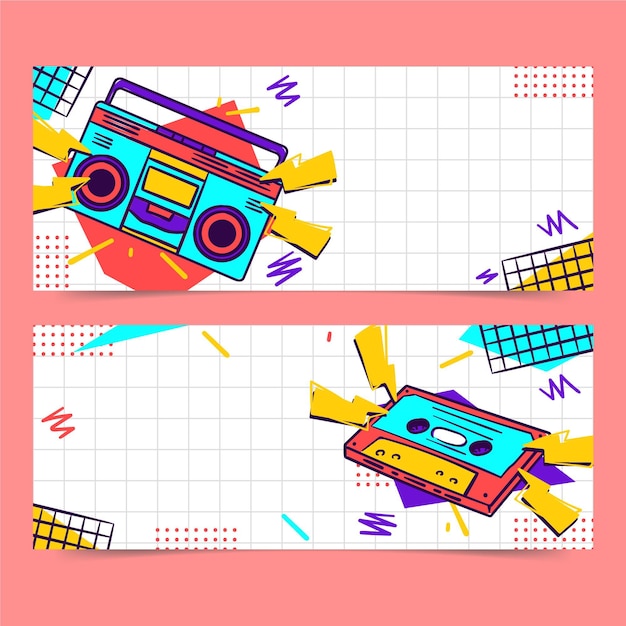 Hand drawn flat nostalgic 90's horizontal banners set