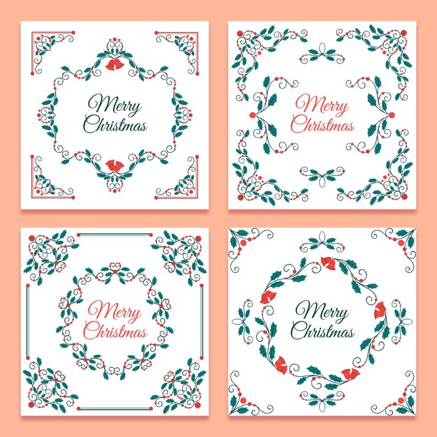 Hand drawn flat ornamental christmas cards collection