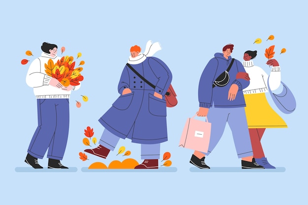 Hand drawn flat people in autumn set