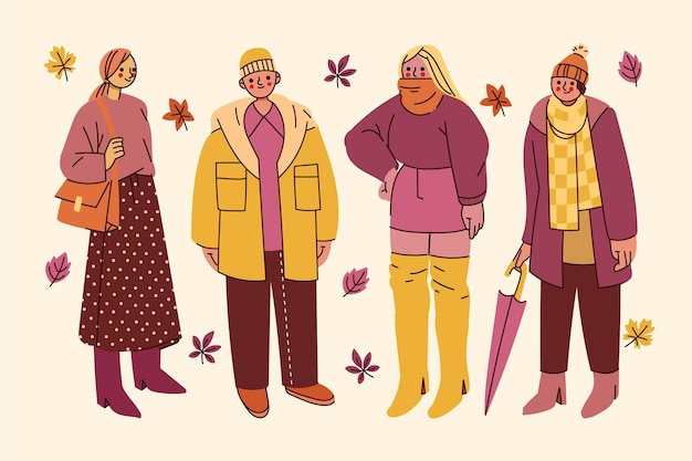 Hand drawn flat people in autumn set