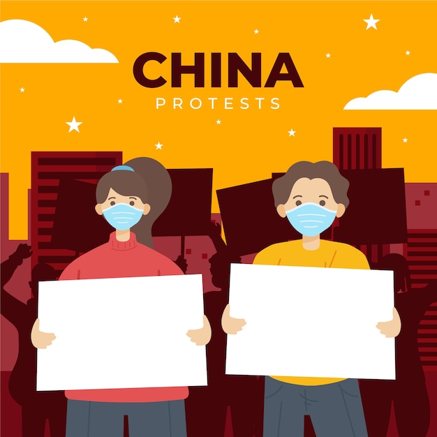 Free vector hand drawn flat people holding banners china protests illustration