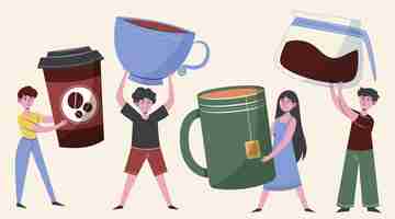 Free vector hand drawn flat people with hot drinks