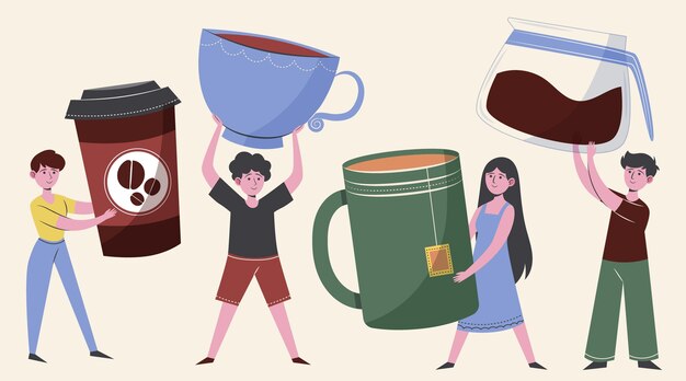 Hand drawn flat people with hot drinks