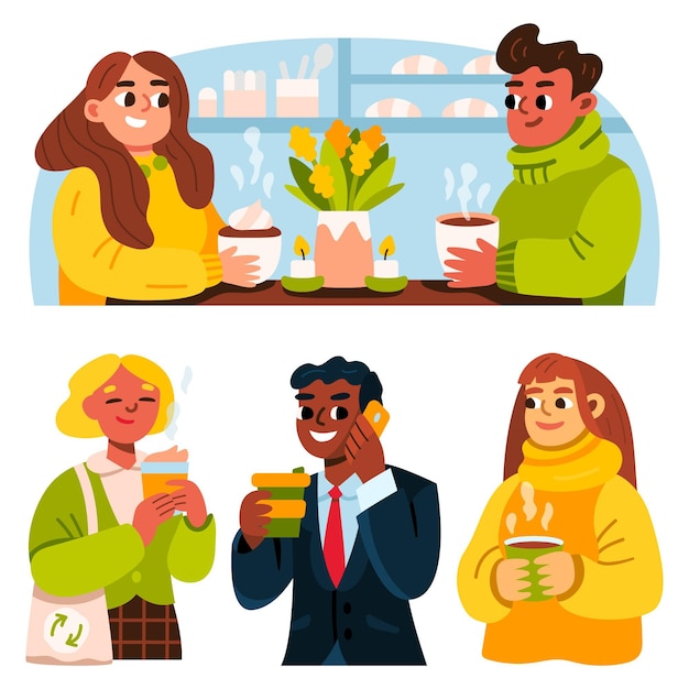 Hand drawn flat people with hot drinks