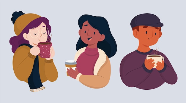 Hand drawn flat people with hot drinks