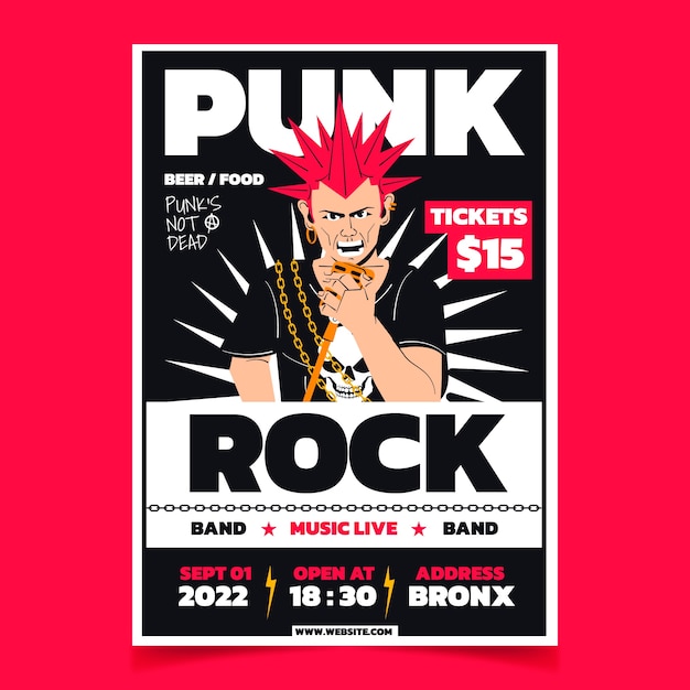 Vettore gratuito poster design piatto punk rock disegnato a mano